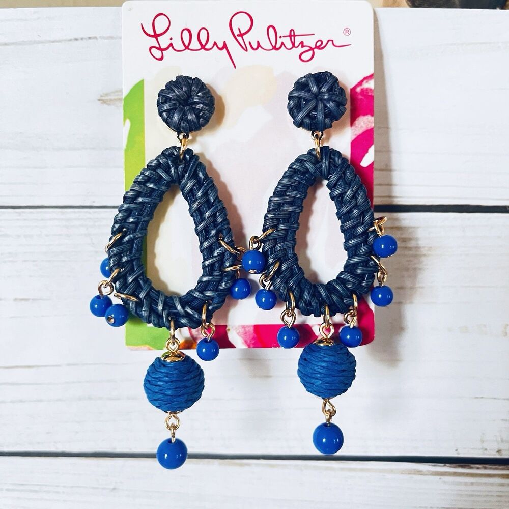 Lilly Pulitzer Raffia Dangle Earrings Alba Blue Gold Tone Boho Beach Coastal NWT